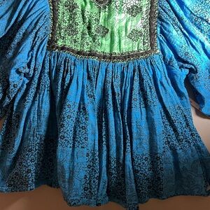 Kopal for Anthropologie Hand Made Cotton Blue and Green Patterned Blouse